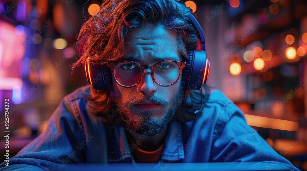 A young man immersed in gaming, surrounded by vibrant neon lights and technology at night. Generative AI A young man immersed in gaming, surrounded by vibrant neon lights and technology at night. Generative AI