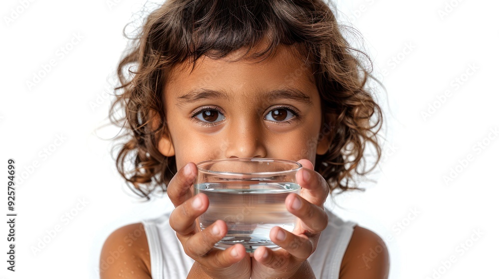A young child joyfully holding a glass of clear water, smiling brightly against a white background. Generative AI A young child joyfully holding a glass of clear water, smiling brightly against a white background. Generative AI