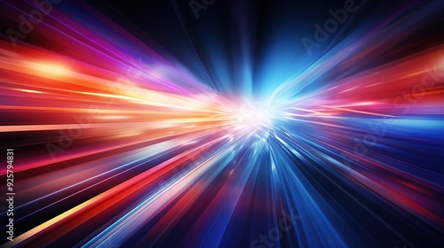 Abstract blue and red light streaks radiating outwards from a central point.