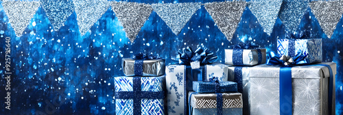 Vibrant Blue and Silver Gift-Wrapped Presents Under Hanukkah Banner photo