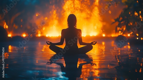 A serene silhouette of a person meditating by a tranquil water body, surrounded by a vibrant, glowing fire backdrop.