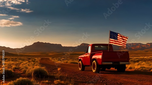 Old pickup truck with an American flag in the bed, driving through a desert landscape, Rustic, Earth tones, Photography photo