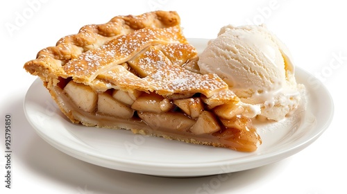 A vivid close-up of a freshly baked apple pie slice with a scoop of ice cream, placed on a clean white background.