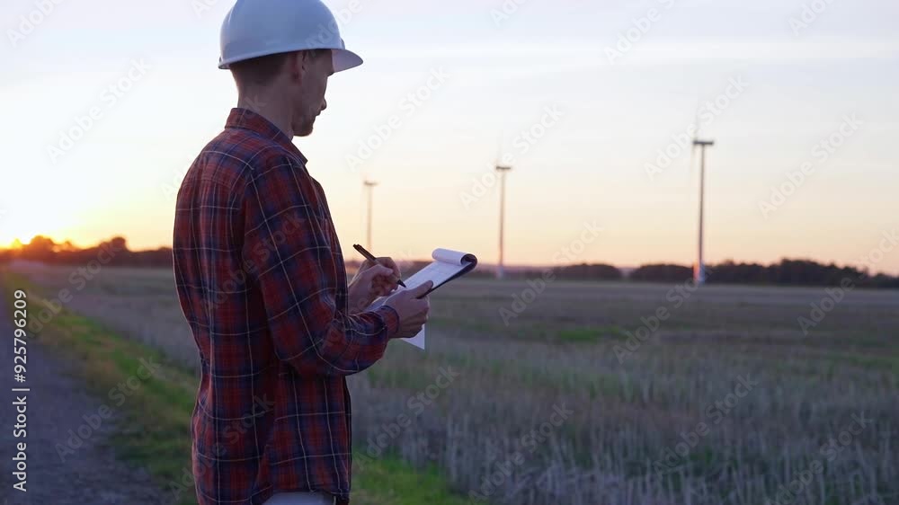 Man engineer wearing a white protective helmet is taking notes with a clipboard in a field with wind turbines, as the sun sets. Clean energy and engineering concept Man engineer wearing a white protective helmet is taking notes with a clipboard in a field with wind turbines, as the sun sets. Clean energy and engineering concept