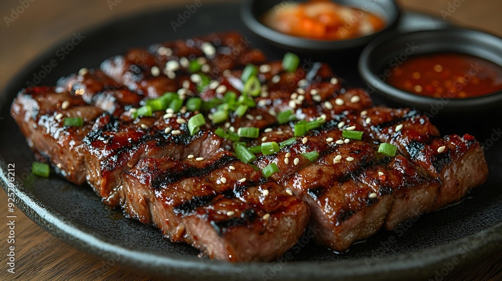 Sizzling lamb chops and juicy grilled steak share a gourmet plate, a symphony of meat and flavor Sizzling lamb chops and juicy grilled steak share a gourmet plate, a symphony of meat and flavor