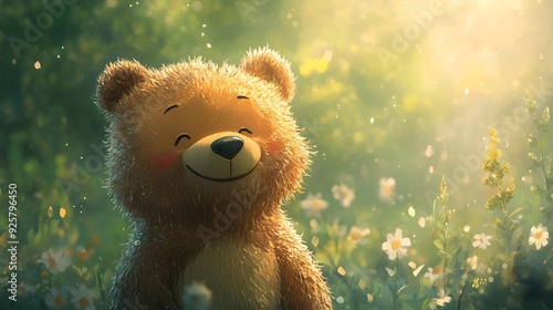 A cute, fluffy brown teddy bear sitting alone in the woods, surrounded by trees This soft, cuddly stuffed animal is isolated in a forest, symbolizing childhood love and warmth