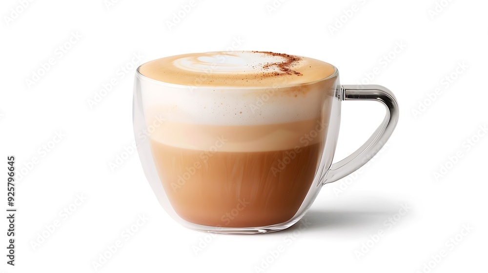 A vivid close-up of a freshly made cappuccino with foam art, placed on a clean white background. A vivid close-up of a freshly made cappuccino with foam art, placed on a clean white background.