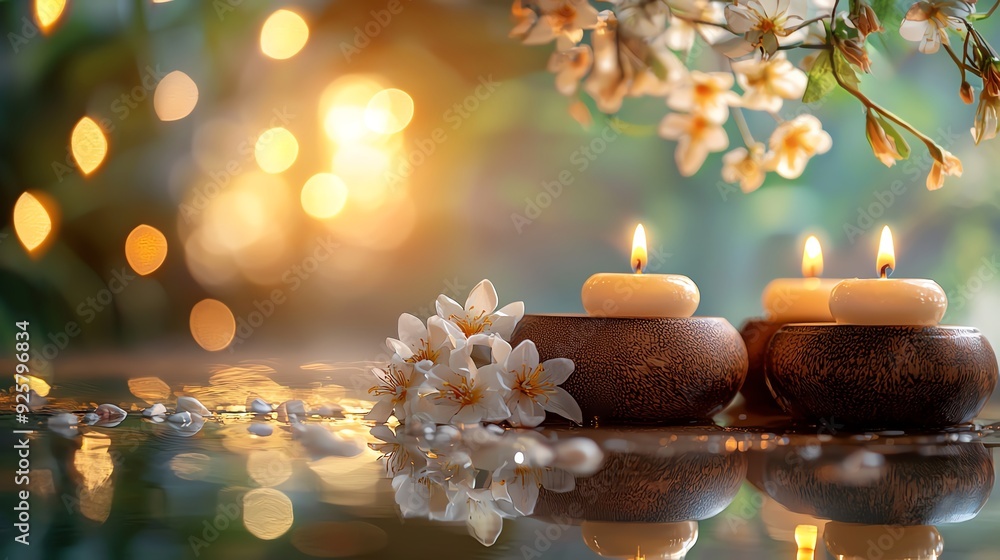 Serene atmosphere featuring lit candles and delicate flowers, creating a tranquil and calming ambiance for relaxation. Serene atmosphere featuring lit candles and delicate flowers, creating a tranquil and calming ambiance for relaxation.