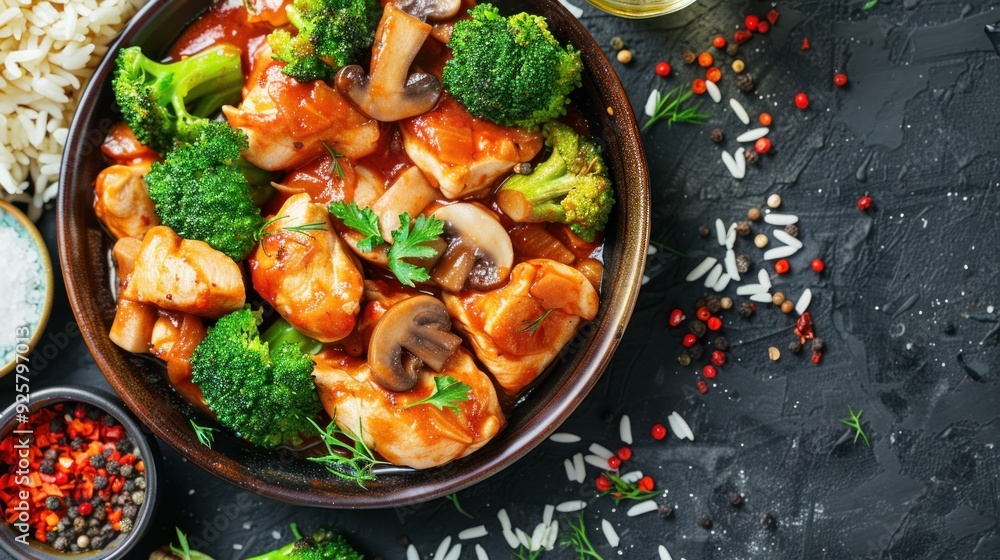 Pieces of chicken fillet with mushrooms stewed in tomato sauce with boiled broccoli and rice Pieces of chicken fillet with mushrooms stewed in tomato sauce with boiled broccoli and rice