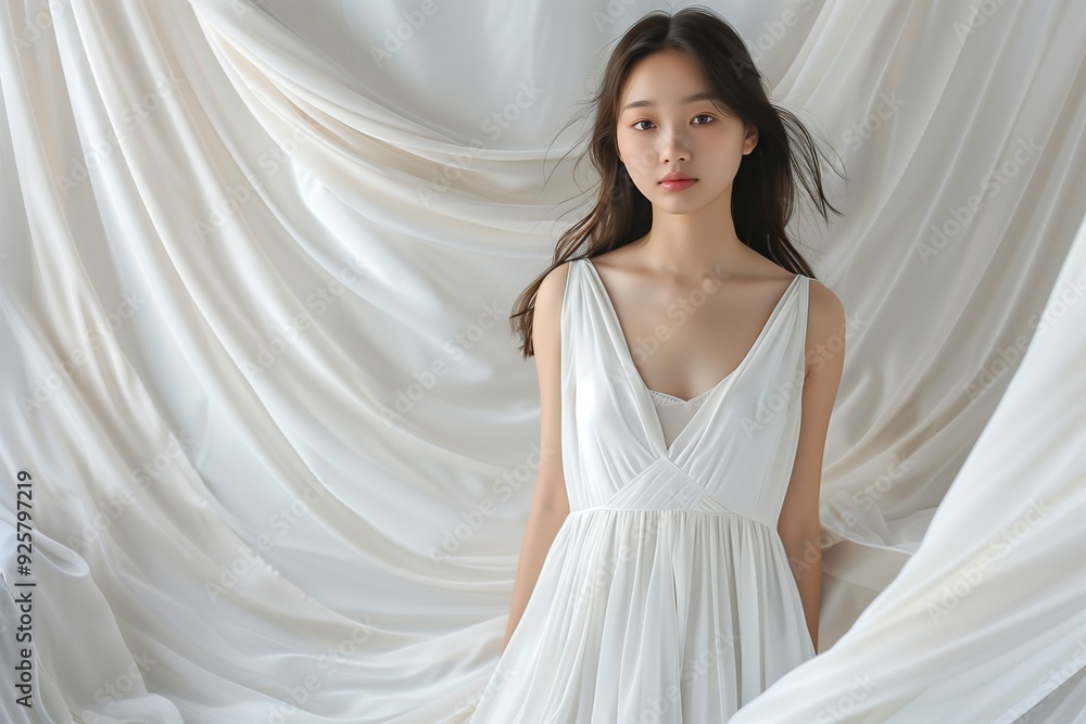 Young woman in a white dress surrounded by flowing fabric. Young woman in a white dress surrounded by flowing fabric.