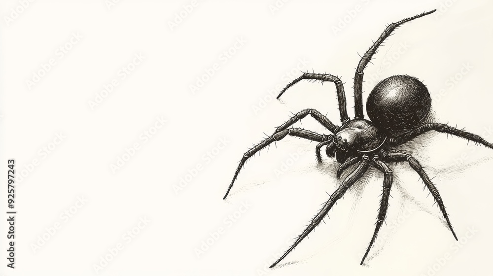 A sepia-toned engraving of a black widow spider, with delicate shading on the legs and the iconic hourglass marking, isolated on a white background A sepia-toned engraving of a black widow spider, with delicate shading on the legs and the iconic hourglass marking, isolated on a white background