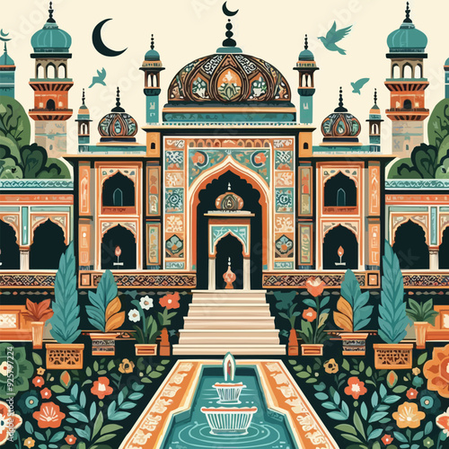 Mughal garden lake with swan, lotus flower, peacock, palace, tree illustration for wedding invitation seamless pattern