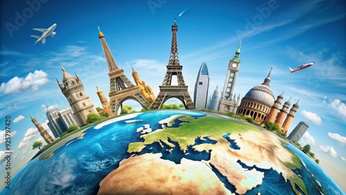 of a trip around the world featuring famous landmarks on a globe , travel, world, globe, landmarks, destinations