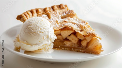 A vivid close-up of a freshly baked apple pie slice with a scoop of ice cream, placed on a clean white background.