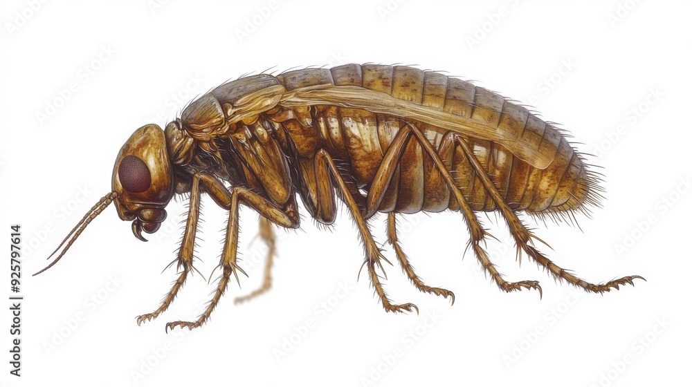 Fototapeta premium An old-fashioned illustration of a flea, highlighting the textured exoskeleton and long legs, isolated on a white background