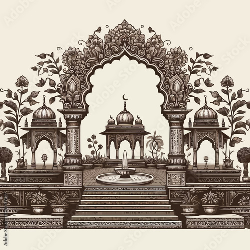Mughal garden lake with swan, lotus flower, peacock, palace, tree illustration for wedding invitation seamless pattern