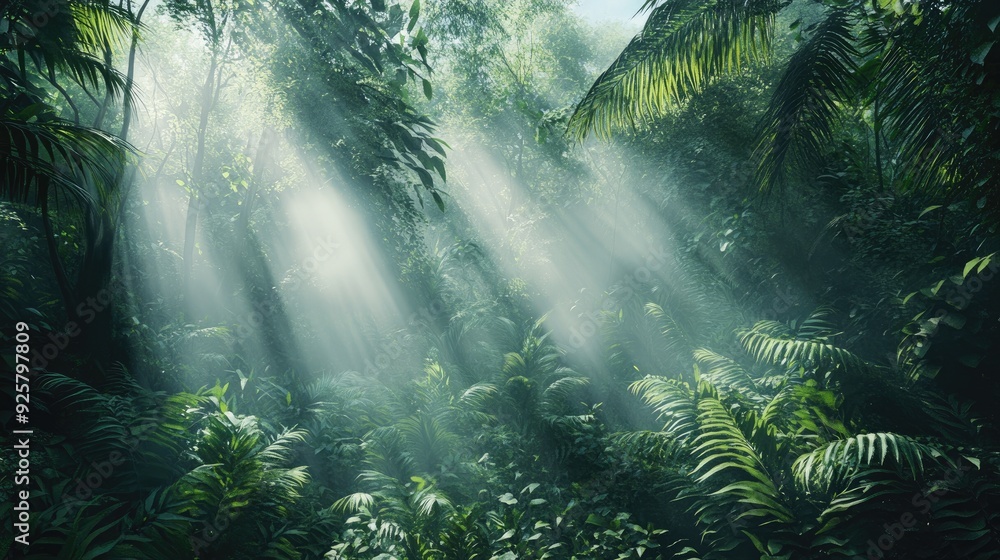 Rainforest with thick foliage and towering trees, offering a lush, green environment with clear copy space for text or messaging Rainforest with thick foliage and towering trees, offering a lush, green environment with clear copy space for text or messaging