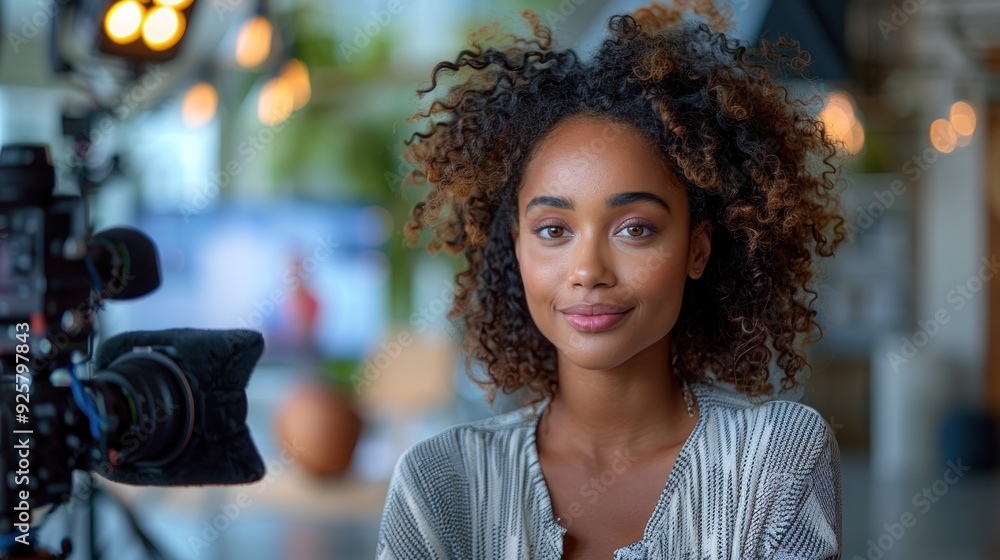 Capturing a confident woman with beautiful curls in a modern studio, ready for a creative interview in soft light. Generative AI Capturing a confident woman with beautiful curls in a modern studio, ready for a creative interview in soft light. Generative AI