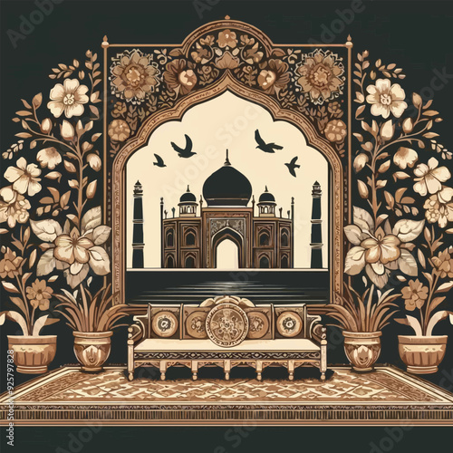Mughal garden lake with swan, lotus flower, peacock, palace, tree illustration for wedding invitation seamless pattern