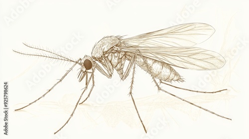 A sepia-toned illustration of a mosquito, with delicate linework showing its wings and legs, isolated on a white background