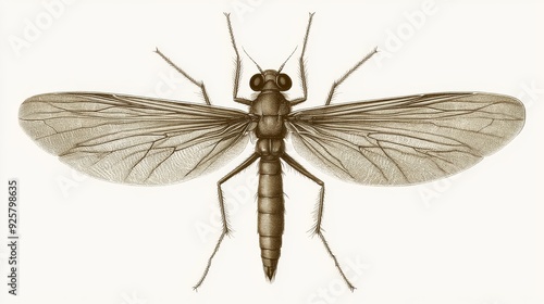 A classic engraving of a sandfly, with detailed wings and elongated body, rendered in sepia tones, isolated on a white background