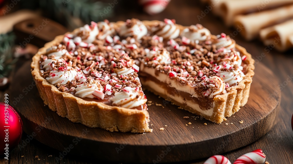 Closeup of a tart slice topped with candy cane crumbles and rolled crepes, served on a rustic wooden board, tart slice candy cane crepes, cozy dessert detail Closeup of a tart slice topped with candy cane crumbles and rolled crepes, served on a rustic wooden board, tart slice candy cane crepes, cozy dessert detail
