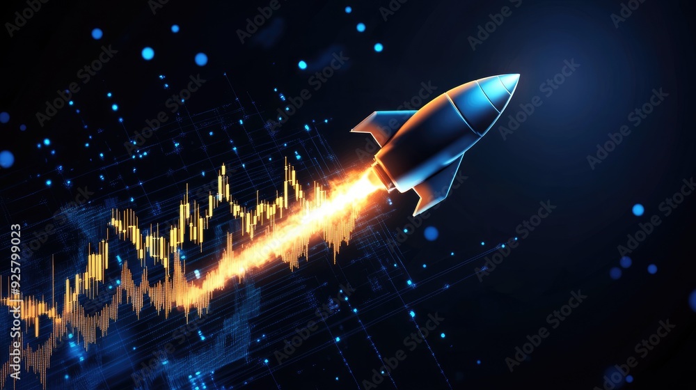 Obraz premium Rocketing Bitcoin: Bitcoin price graph featuring a rocket symbol and a steep upward trend line, highlighting the explosive growth in the cryptocurrency market, with a blank area for adding text.