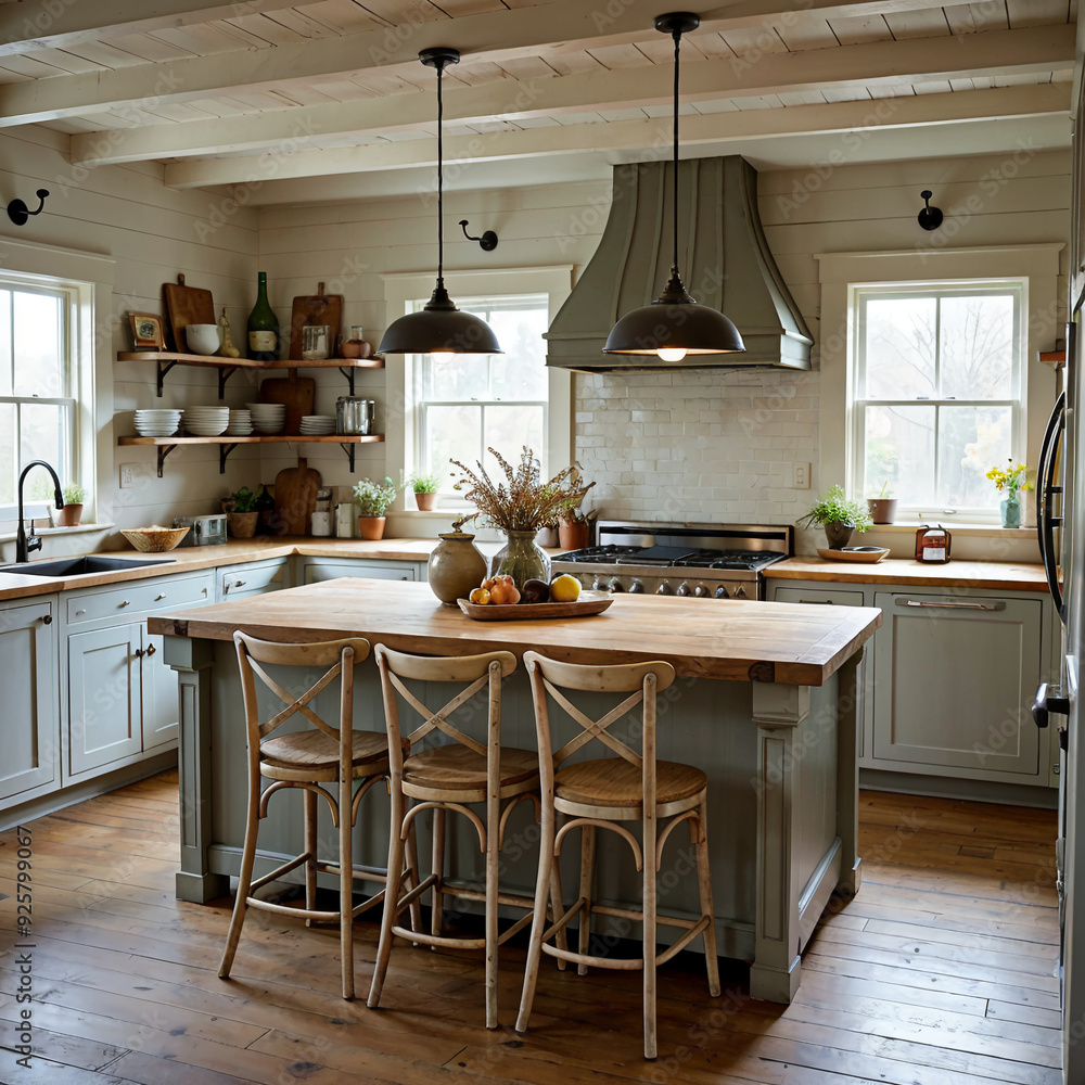 Country-style kitchen with wooden beams farmhouse decor and natural light Country-style kitchen with wooden beams farmhouse decor and natural light