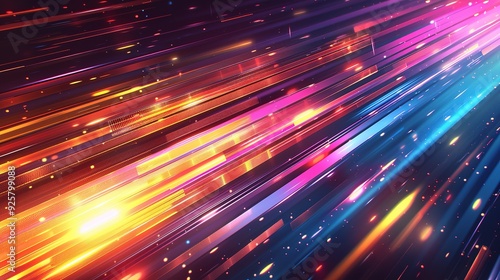 Abstract colorful background with glowing lines and particles.