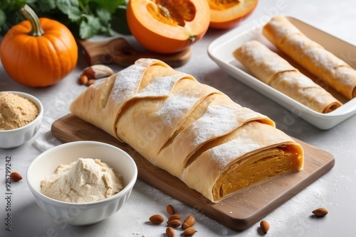 Pumpkin Strudel with Powdered Sugar and Almonds