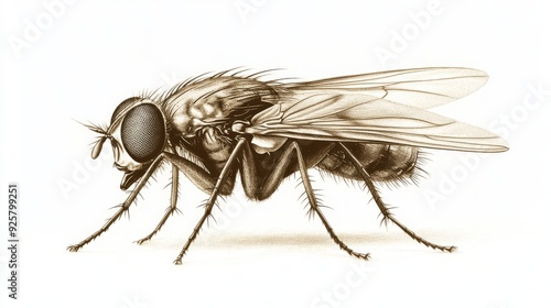 A sepia-toned scientific illustration of a housefly, with intricate details on its wings and compound eyes, isolated on a white background