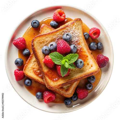 Two slices of golden French toast topped with fresh raspberries, blueberries, and a drizzle of maple syrup. Isolated on transparent background, png.