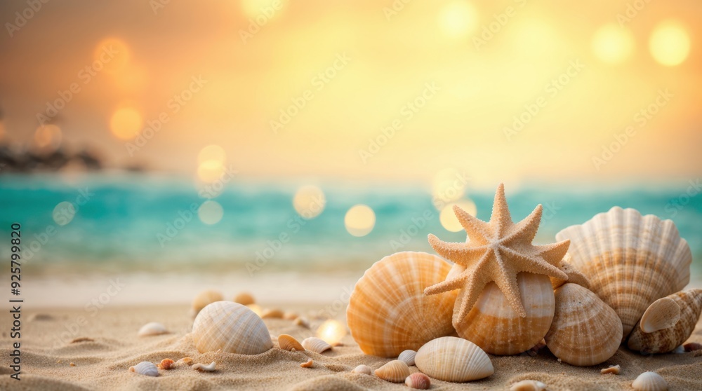 Seashells lying on beach with ocean in soft focus and warm bokeh lighting Seashells lying on beach with ocean in soft focus and warm bokeh lighting