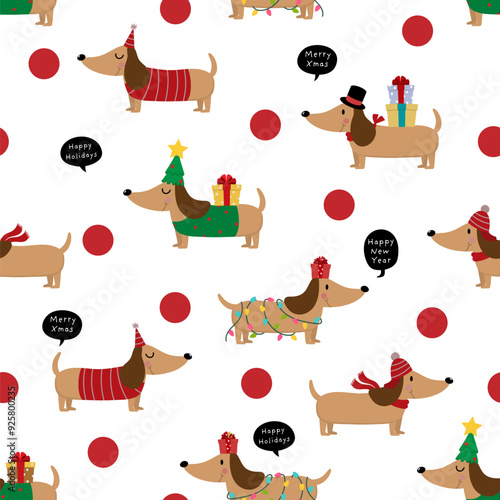Cute dachshund puppy and dog in winter costume and ornament ball seamless pattern and wallpaper. Christmas holidays background. Animal cartoon characters. -Vector