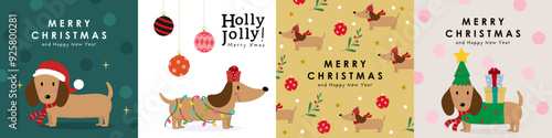Merry Christmas and happy new year greeting card with cute dachshund puppy in winter costumes. Animal and dog holidays cartoon characters. -Vector