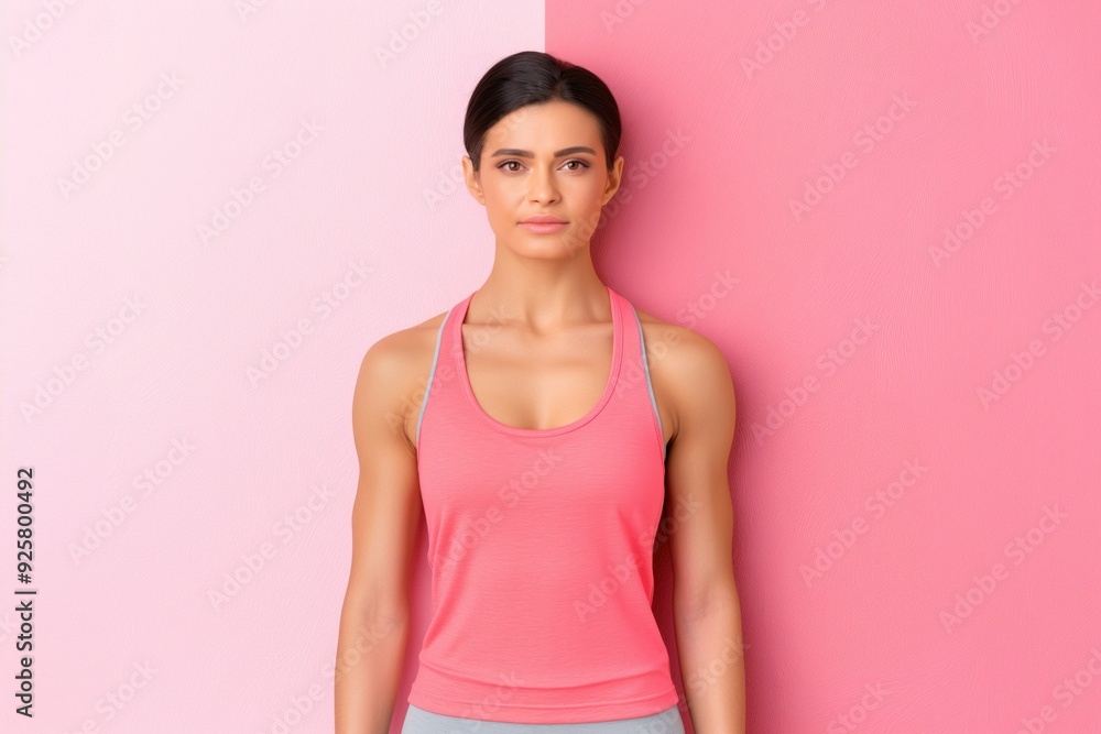 Confident Young Woman in Casual Active Wear Against Pink Background Confident Young Woman in Casual Active Wear Against Pink Background