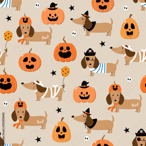 Happy halloween party seamless pattern background with cute dachshund puppy dog, spooky pumpkin and fancy hat. Holidays cartoon character. -Vector