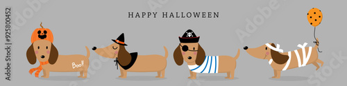 Happy halloween party seamless pattern background with cute dachshund puppy dog, spooky pumpkin and fancy hat. Holidays cartoon character. -Vector