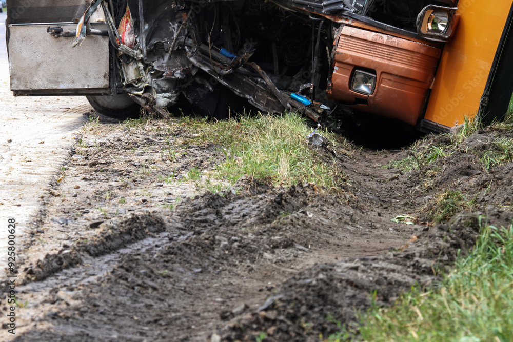 Broken bus after the accident