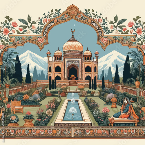 Mughal garden lake with swan, lotus flower, peacock, palace, tree illustration for wedding invitation seamless pattern
