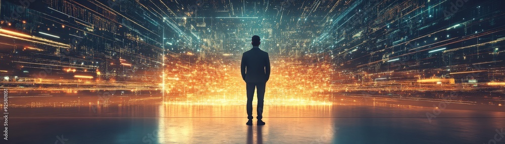 Silhouette of a person in a futuristic digital landscape, symbolizing technology, innovation, and the future of data and connectivity. Silhouette of a person in a futuristic digital landscape, symbolizing technology, innovation, and the future of data and connectivity.