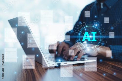 Hands typing on a laptop with a digital AI interface, representing the integration of artificial intelligence in data processing and document management in modern technology. photo