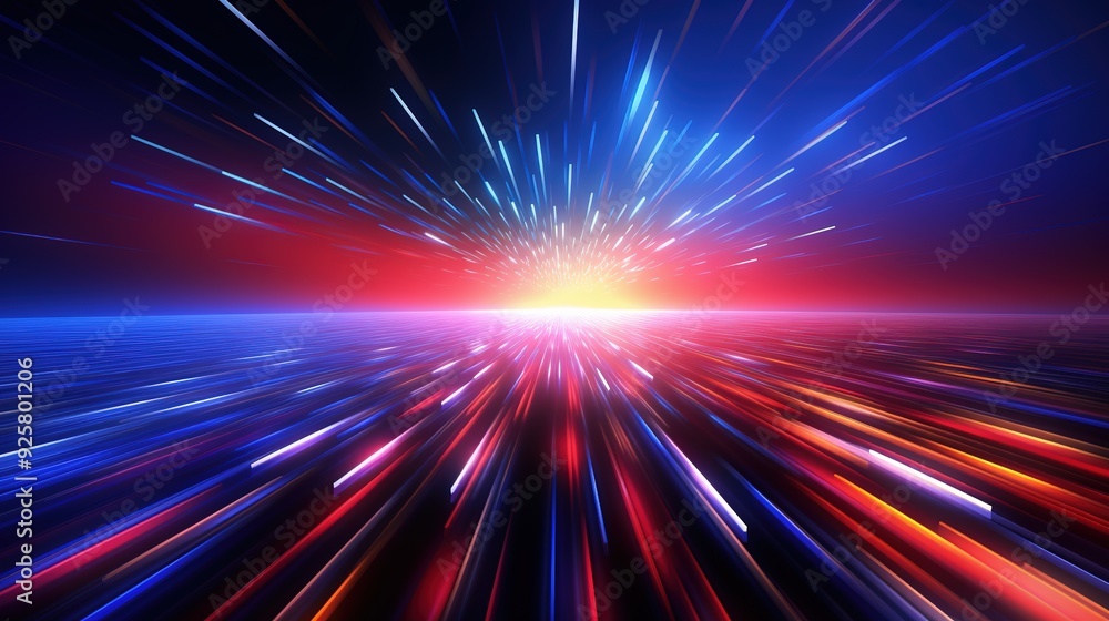 Fototapeta premium Abstract colorful glowing lines converge to a bright light.