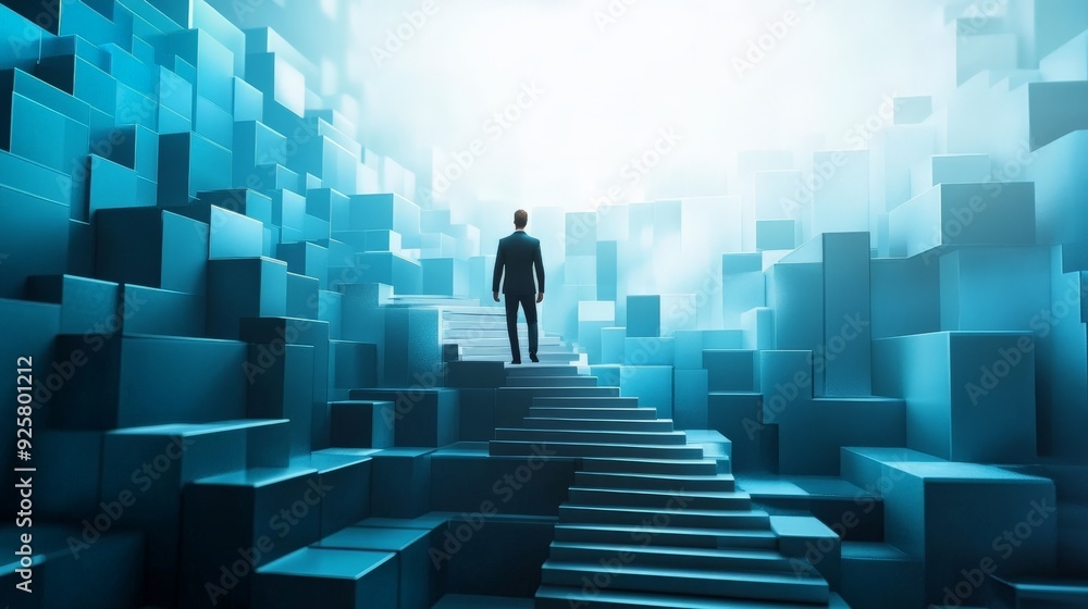 Silhouette of a man standing at the top of stairs, surrounded by abstract blue cubic structures and glowing light. Silhouette of a man standing at the top of stairs, surrounded by abstract blue cubic structures and glowing light.