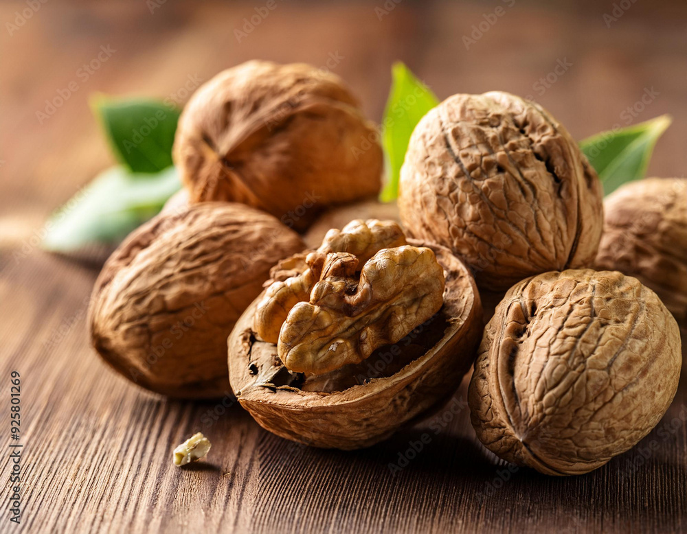Walnuts on a wooden table. Dry walnuts on brown background. Walnuts on a wooden table. Dry walnuts on brown background.