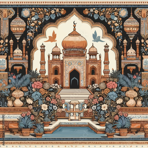Mughal garden lake with swan, lotus flower, peacock, palace, tree illustration for wedding invitation seamless pattern