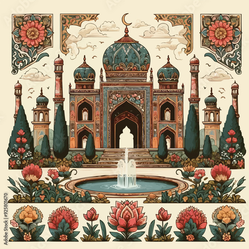 Mughal garden lake with swan, lotus flower, peacock, palace, tree illustration for wedding invitation seamless pattern