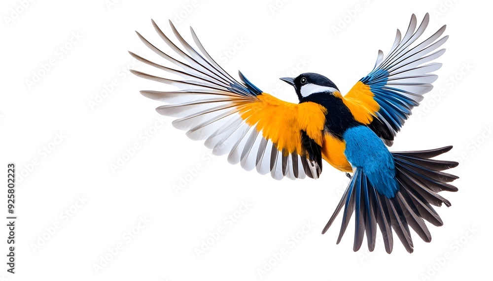 Naklejka premium Vibrant Colorful Bird in Flight with Spread Wings on White Background