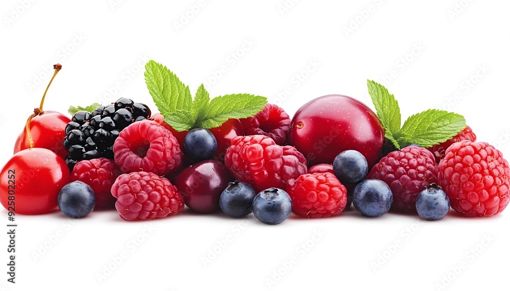 Assortment of Fresh Ripe Berries and Cherries with Mint Leaves on White Background Assortment of Fresh Ripe Berries and Cherries with Mint Leaves on White Background