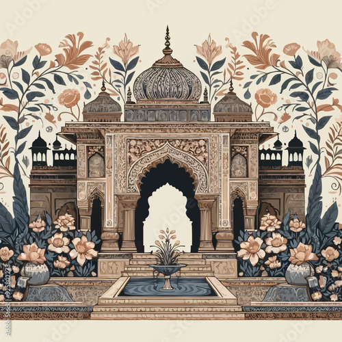 Mughal garden lake with swan, lotus flower, peacock, palace, tree illustration for wedding invitation seamless pattern
